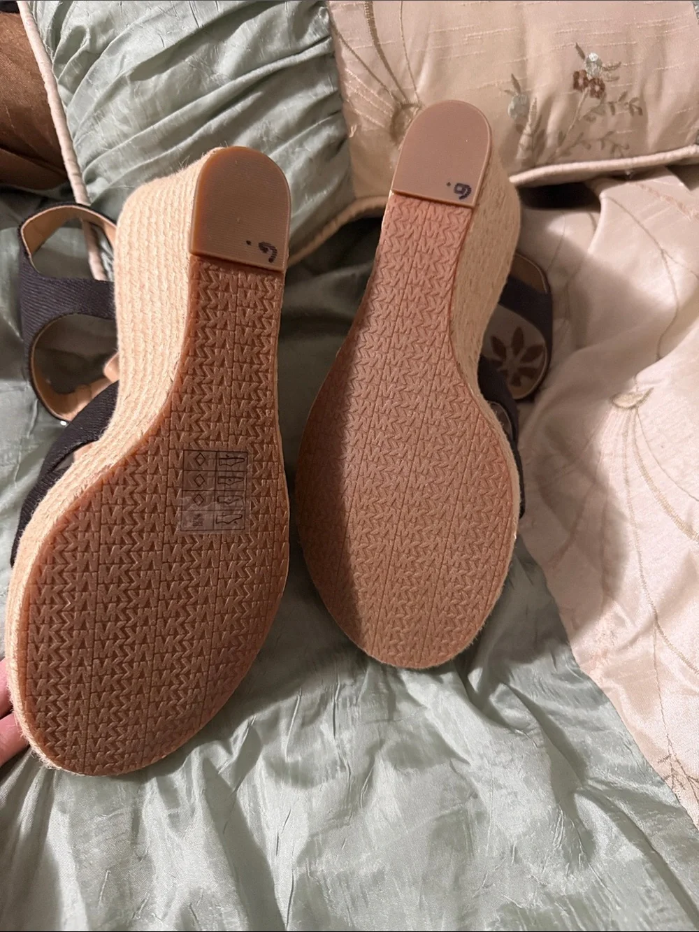 Michael Kors Black Canvas Espadrille Wedge Sandals with Front Zipper Detail